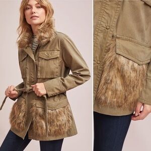 Anthropologie Saskia Utility Jacket with Detachable Faux Fur Collar XS